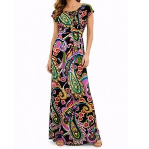 Sherbet Maxi Dress Womens Sz 4P Multicolor Paisley Floral Faux Wrap Empire Waist